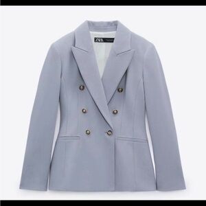 Zara Blue Double-Breasted Blazer with Notched Lapels